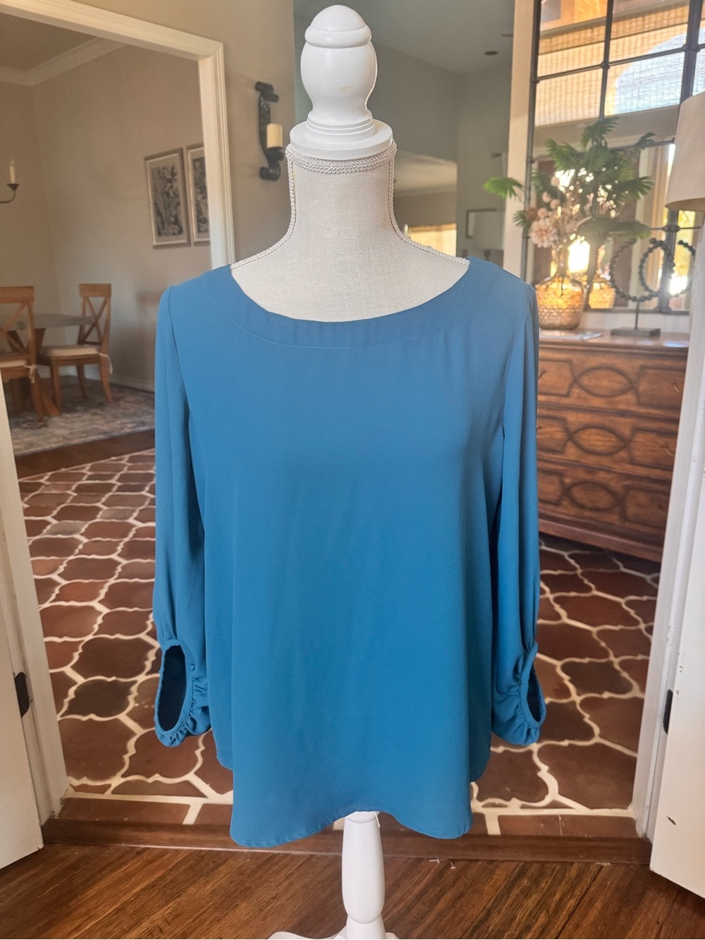 LOFT Teal Blue Boatneck Long-Sleeve Blouse Sz Small